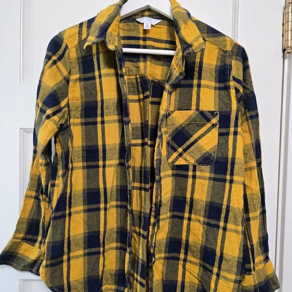 Time and Tru Mustard and Navy Flannel Button down top - S - Picture 1 of 8